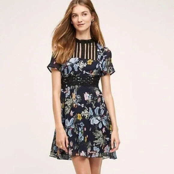 Anthropologie | Dresses | Foxiedox Juniper Navy Blue Black Floral Print Mesh  Embroidered Neck Dress Size S | Poshmark
